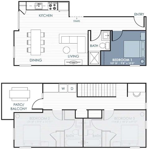 Floor plan for 1 bed, 1 bath, 107 sqft